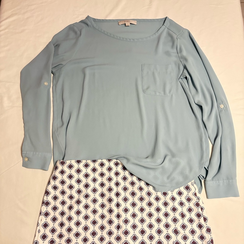 LOFT Soft Blue Long Sleeve Blouse and Ann Taylor Loft faux-wrap skirt